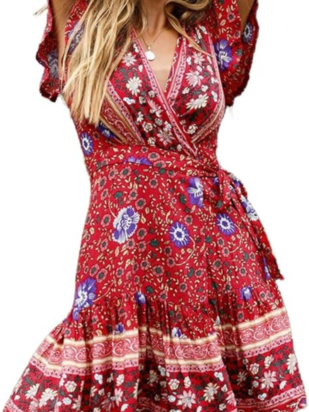 Red Patterned Wrap Dress